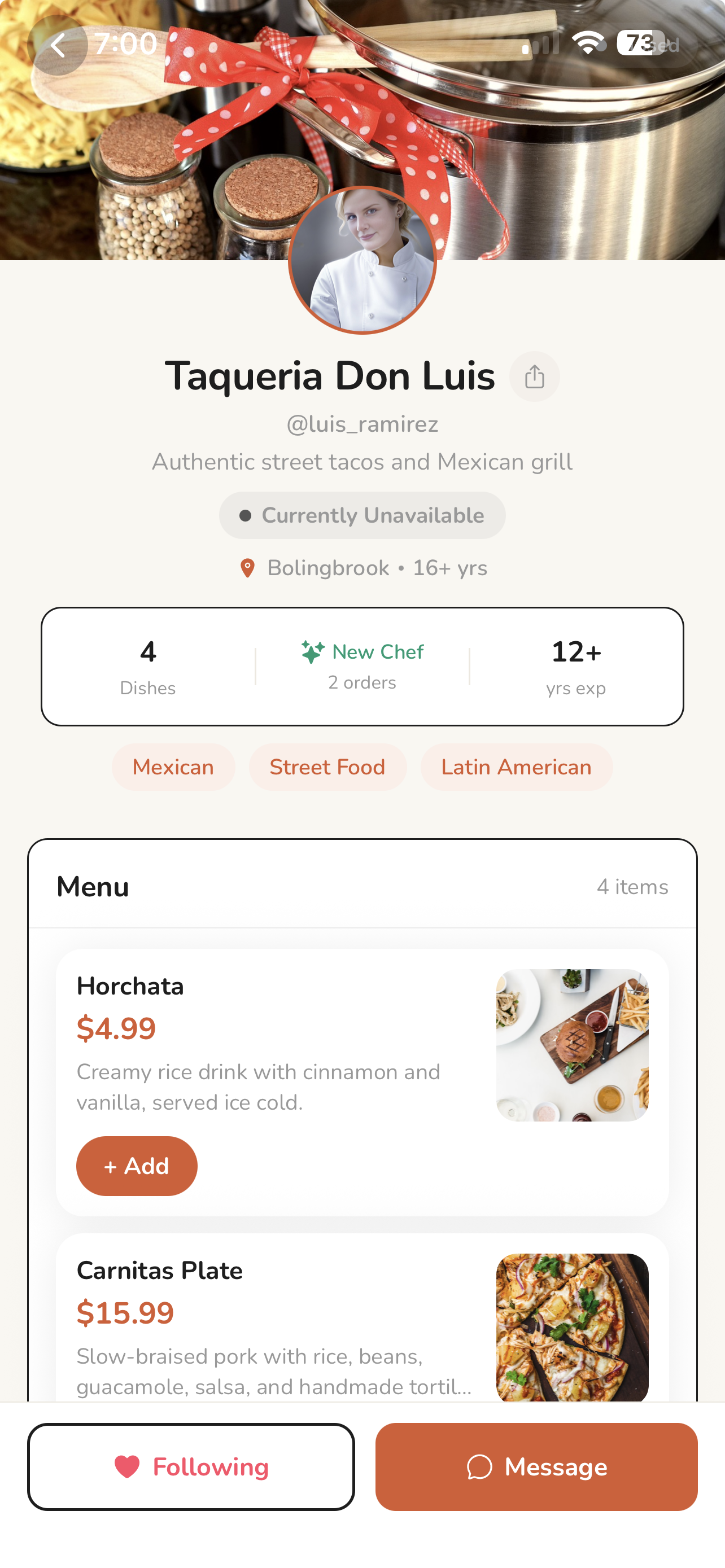 Chef storefront screen on ChefxDoor