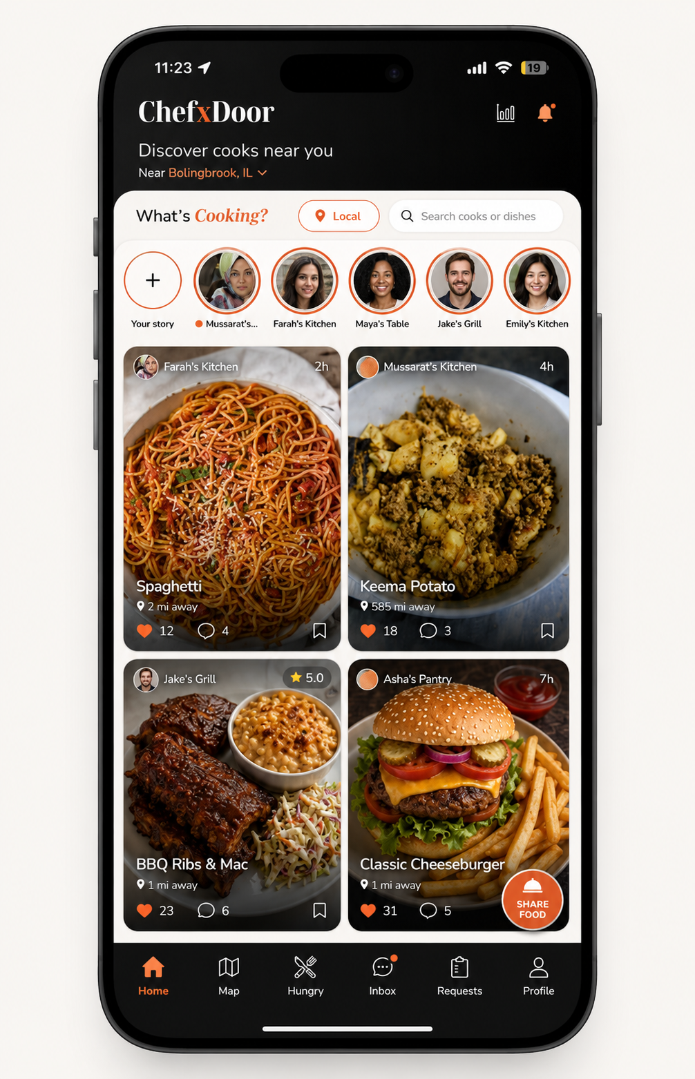 ChefxDoor Home screen showing local cooks and food Stories nearby