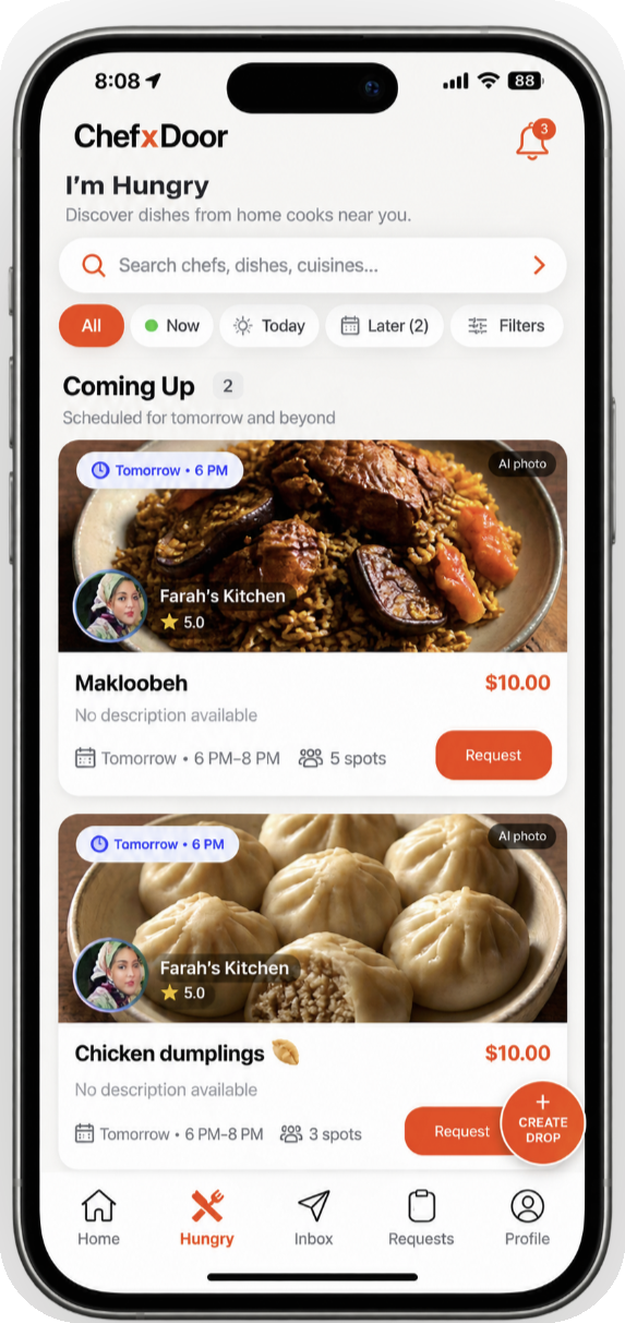 ChefxDoor I’m Hungry screen showing scheduled local meal drops