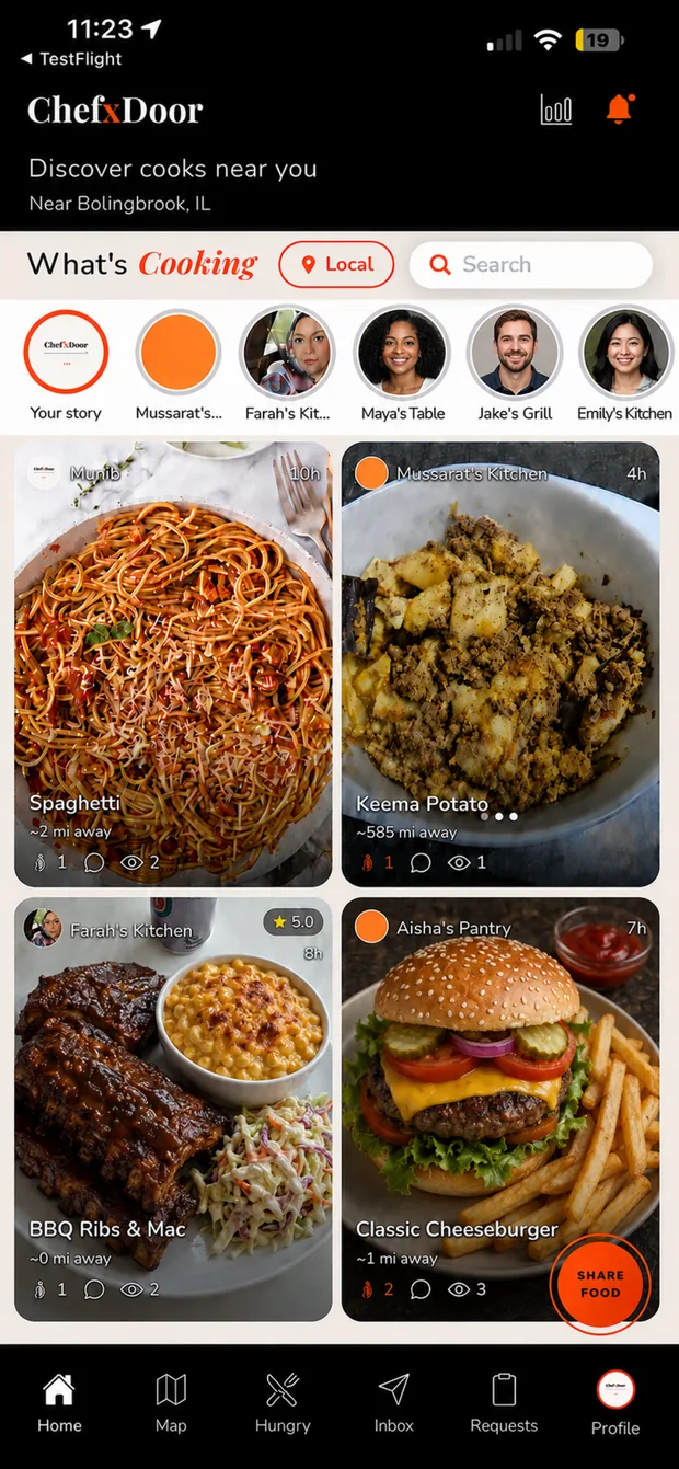 ChefxDoor home feed: What's Cooking stories from home cooks nearby