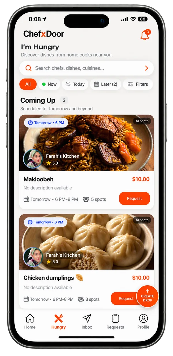 ChefxDoor I'm Hungry: upcoming Meal Drops from home cooks nearby with Request buttons
