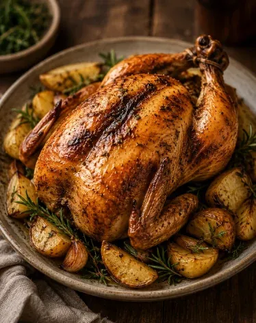 A roasted chicken resting in a pan