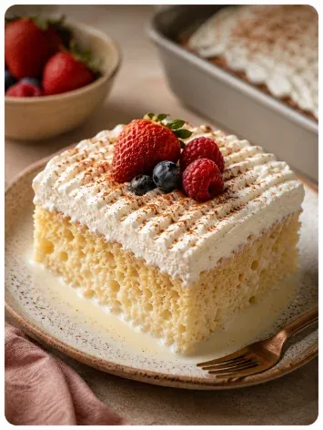 A slice of tres leches cake